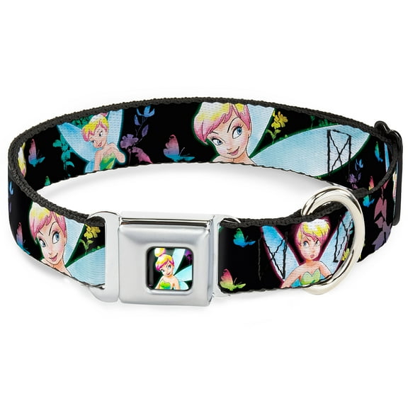 Disney Pet Collar, Dog Collar Metal Seatbelt Buckle, Glowing Tinker Bell Butterflies Flowers Black Multi Neon, 9.5 to 13 Inches 1.0 Inch Wide