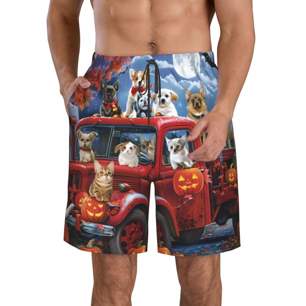 Balery Halloween Pets Pumpkins Traje de Baño Estilo Hawaiano para Hombre, Shorts de Secado Rápido con Bolsillos-XX-Large