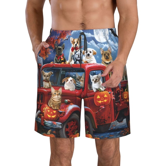 Sikiie Halloween Pets Pumpkins Print Men's Beach Shorts, High Elastic Quick-drying Shorts - with Drawstring and Slip Pockets, Suitable for Beach, Sports, Vacation-Large