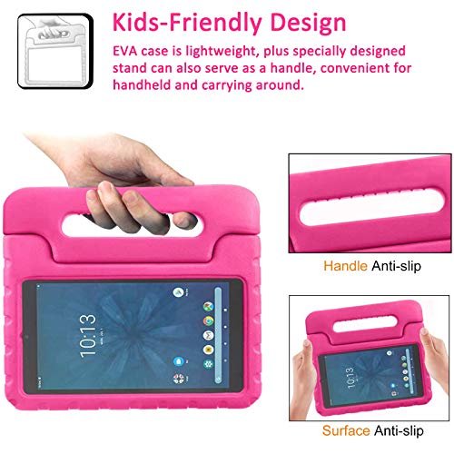 onn 7 modelo de casos de tableta 100005206/100015685 para niñas 2020/2019 | blosomeet onn tablet case de 7 pulgadas cubierta para niños con estuche para el mango para la tableta onn 7 | rosa roja. Vista frontal centrada de la funda Blosomeet para tablet onn de 7 pulgadas en color Negro; asa integrada en la parte superior, borde con textura antideslizante y esquinas reforzadas, tablet insertada y mano sujetando el mango; también se usa para transportar la tablet en viajes cortos.
