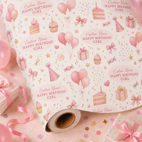 Personalized Birthday Wrapping Paper Pink Balloon Paper Gift Wrap for Birthday Party