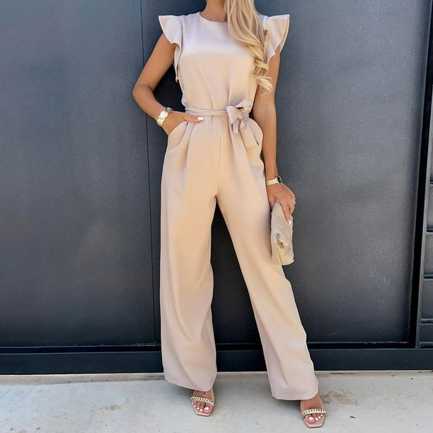  Women Casual Loose Lace up Short Sleeve Belted Jumpsuits Wide  Leg Pant Romper One Piece Playsuit (Beige Small) : Clothing, Shoes & Jewelry