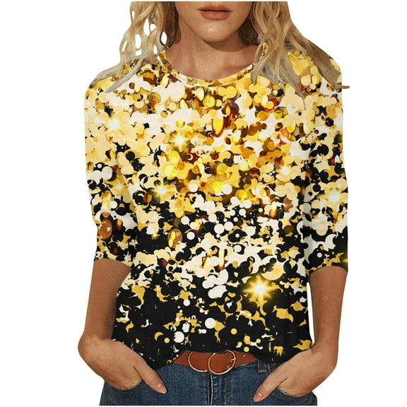 Women's Fashion 2024 Dressy Casual Tops for Lady Flora Print 3/4 Sleeve Loose Fit Flowy Tunic Tops Vintage Spring Elegant Shirts Round Neck Blouse Summer Clothes for Teen Girls Yellow T Shirts S