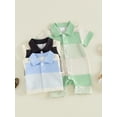 thumbnail image 3 of BemeyourBBs Newborn Baby Boy Summer Clothes Romper One Piece Outfit 0 3 6 12 18 Months Contrast Color Stripes Collar Short Sleeve Button Down Jumpsuit Shorts, 3 of 9