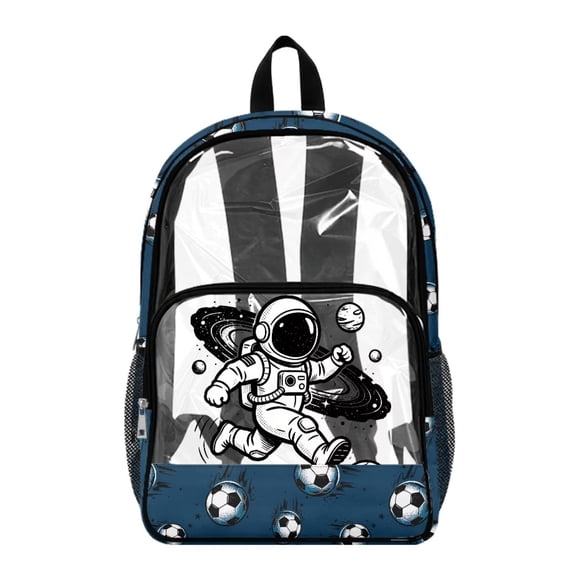 FKELYI 17 Inch Clear Backpacks for Kids School Bookbag Astronaut Soccer Print Lightweight Transprent Schoolbag for Elementary Student Daypack Rucksack