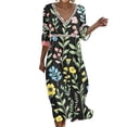 thumbnail image 2 of Karymi Floral Print V Neck Midi Dress, Hollow Out Cutout Trim 3/4 Sleeve Empire Waist Loose Flowy Casual Summer Vacation Sundress Wedding Guest Dresses for Women, 2 of 6