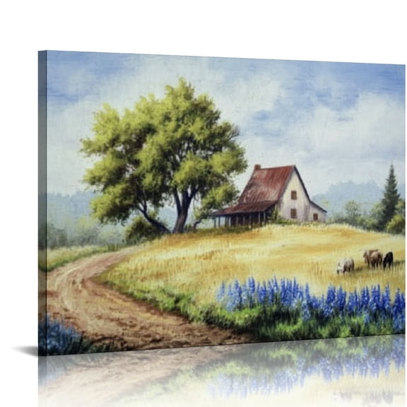ZFLMY Farmhouse Canvas Wall Art Farm Highland Cow Landscape Picture Country Country Barn Painting Village Nature Art for Living Room Bedroom Bathroom Home Office Wall Decoration 16x12in