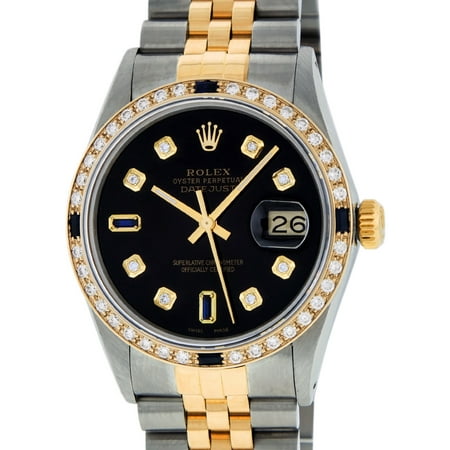Pre-Owned Mens Datejust Steel & 18K Yellow Gold Black Diamond & Sapphire Watch 16013 (Best Pre Owned Watches)