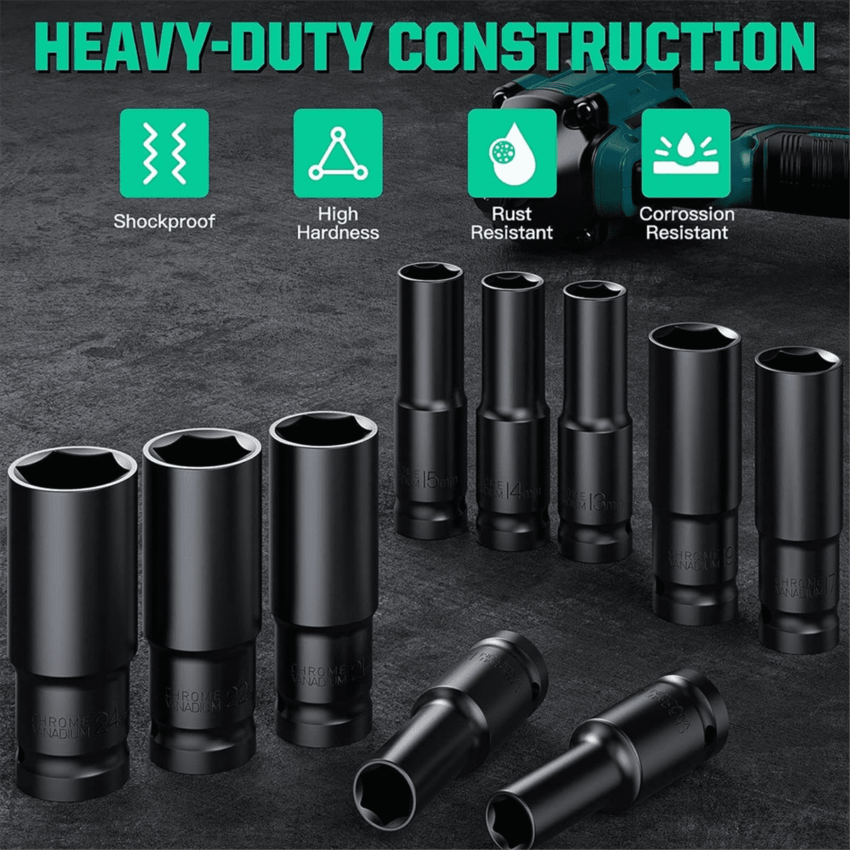 Impact Socket Set 1/2 Drive -15PCS-Metric Size (10-32mm) Sockets 6 Point Hex Design