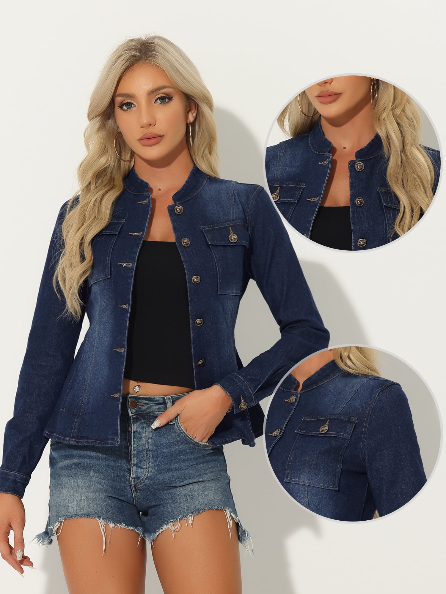 DARING DIVA Women's Classic Stand Collar Denim Jacket XS Dark Blue