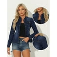 thumbnail image 2 of Unique Bargains Denim Jacket for Women's Classic Stand Collar Jean Jacket L Dark Blue, 2 of 6