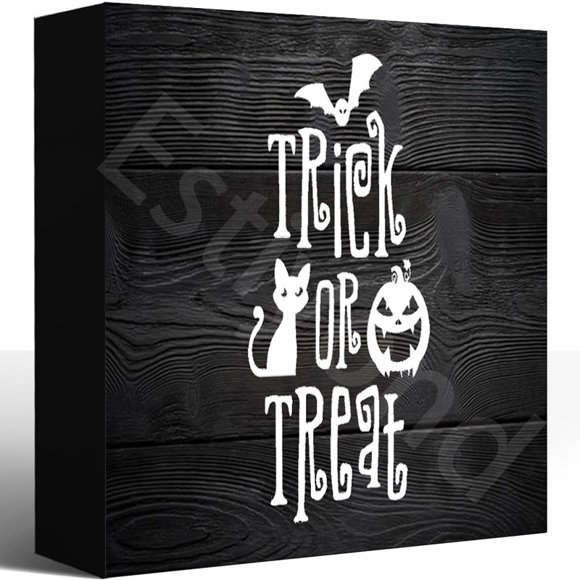 Rustic Home Decor, Trick Or Treat Halloween Wood Box Sign Desk Decor,Wooden Box Block Sign For Home Office Wall Tabletop,5X5 Inch