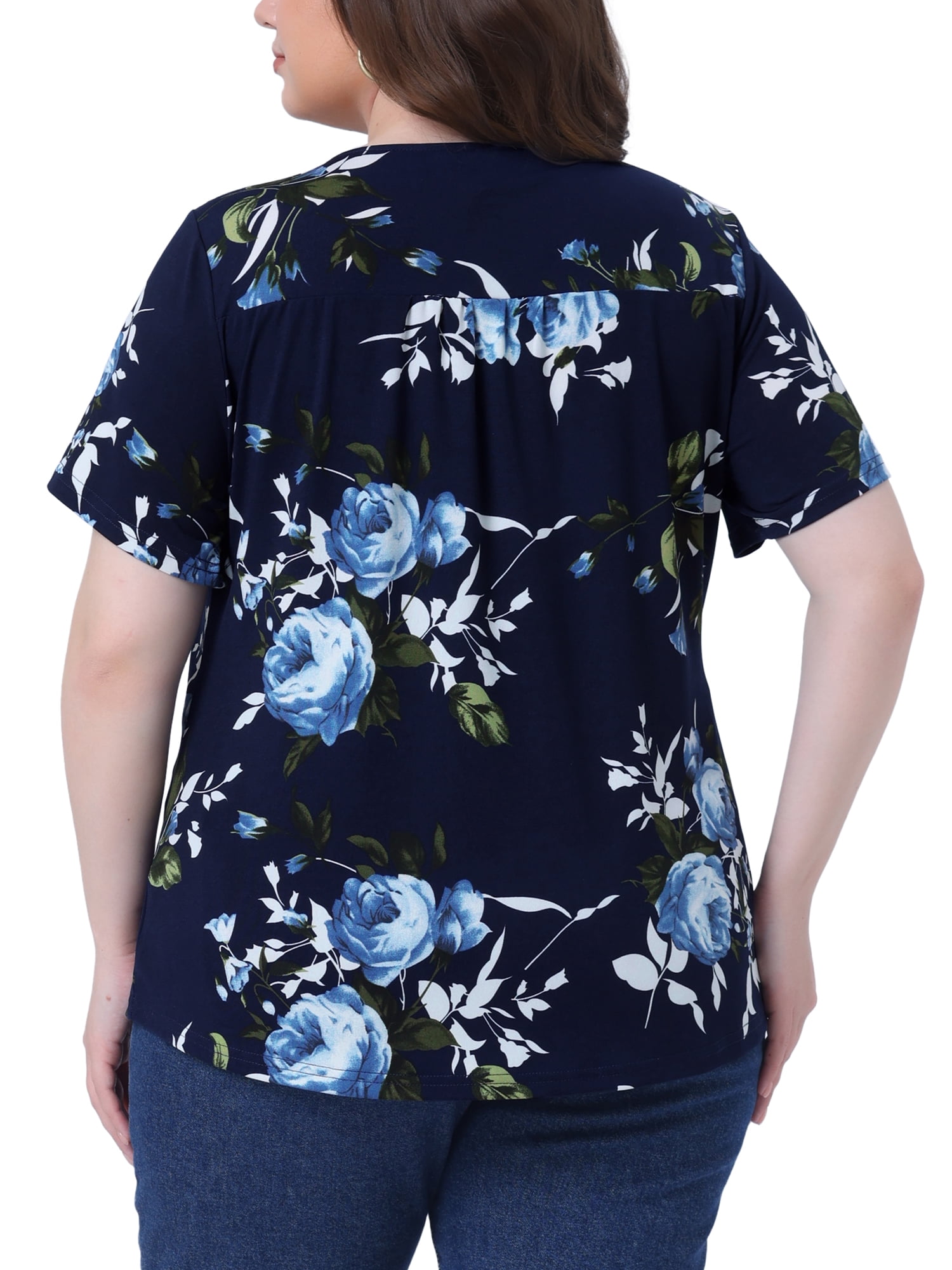 DARING DIVA Women's Plus V Neck Floral Print Casual Top 1X Navy Blue