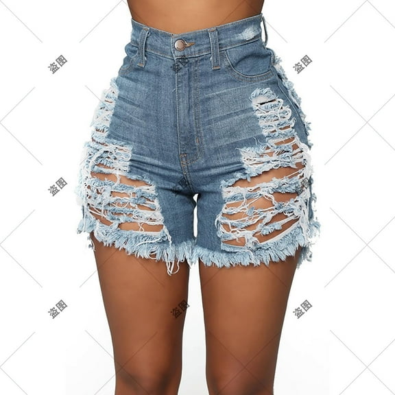 nerohusy Ripped Hole Denim Shorts,Women's Denim Shorts High Waisted Stretchy Denim Hot Short Distressed Frayed Hem Jeans Shorts with Pockets,Light Blue,L