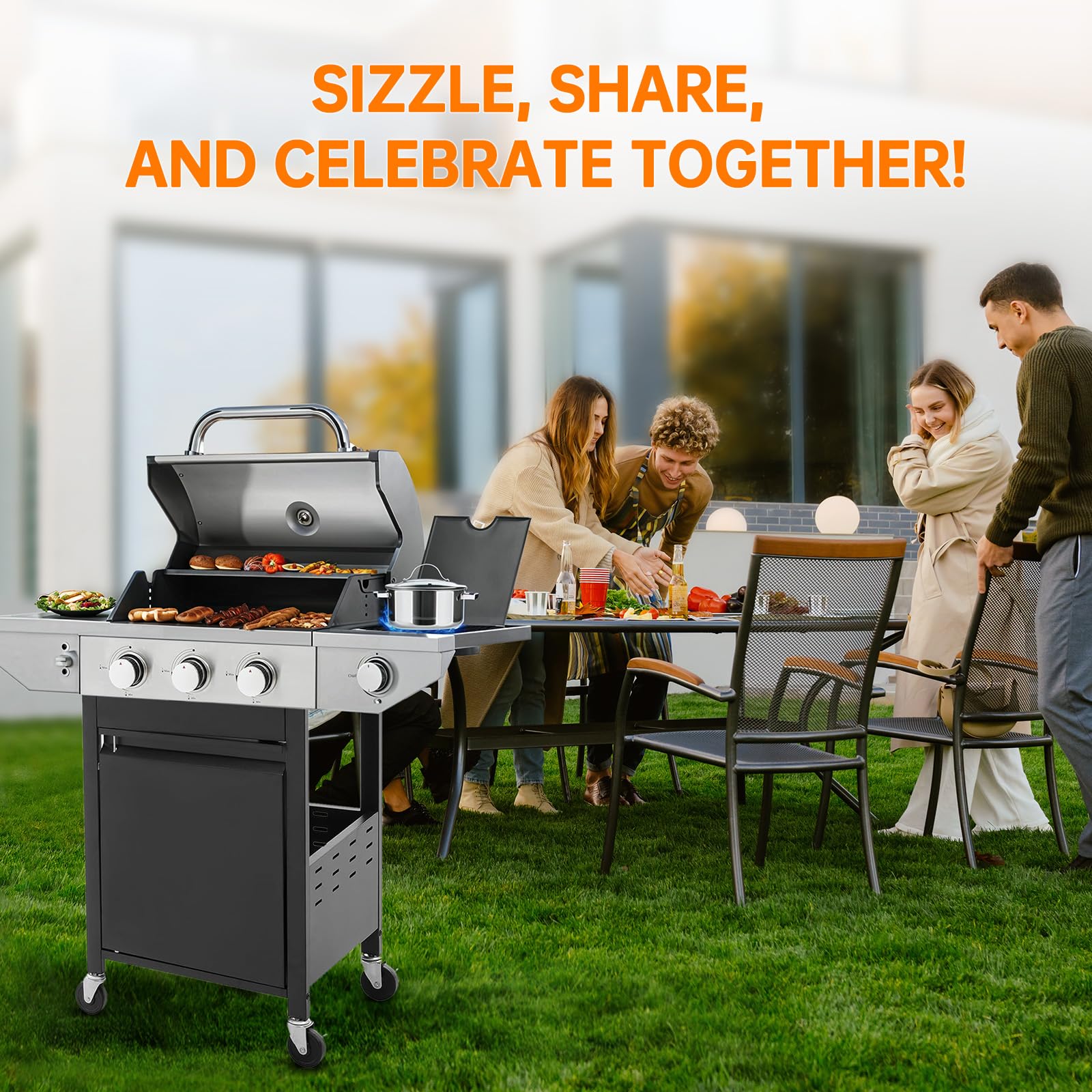Highsound 3-Burner Propane Gas Grill with Side Burner, 37,000 BTU Outdoor BBQ Grill, Portable Stainless Steel Grill on Wheels for Patio, Garden, Black