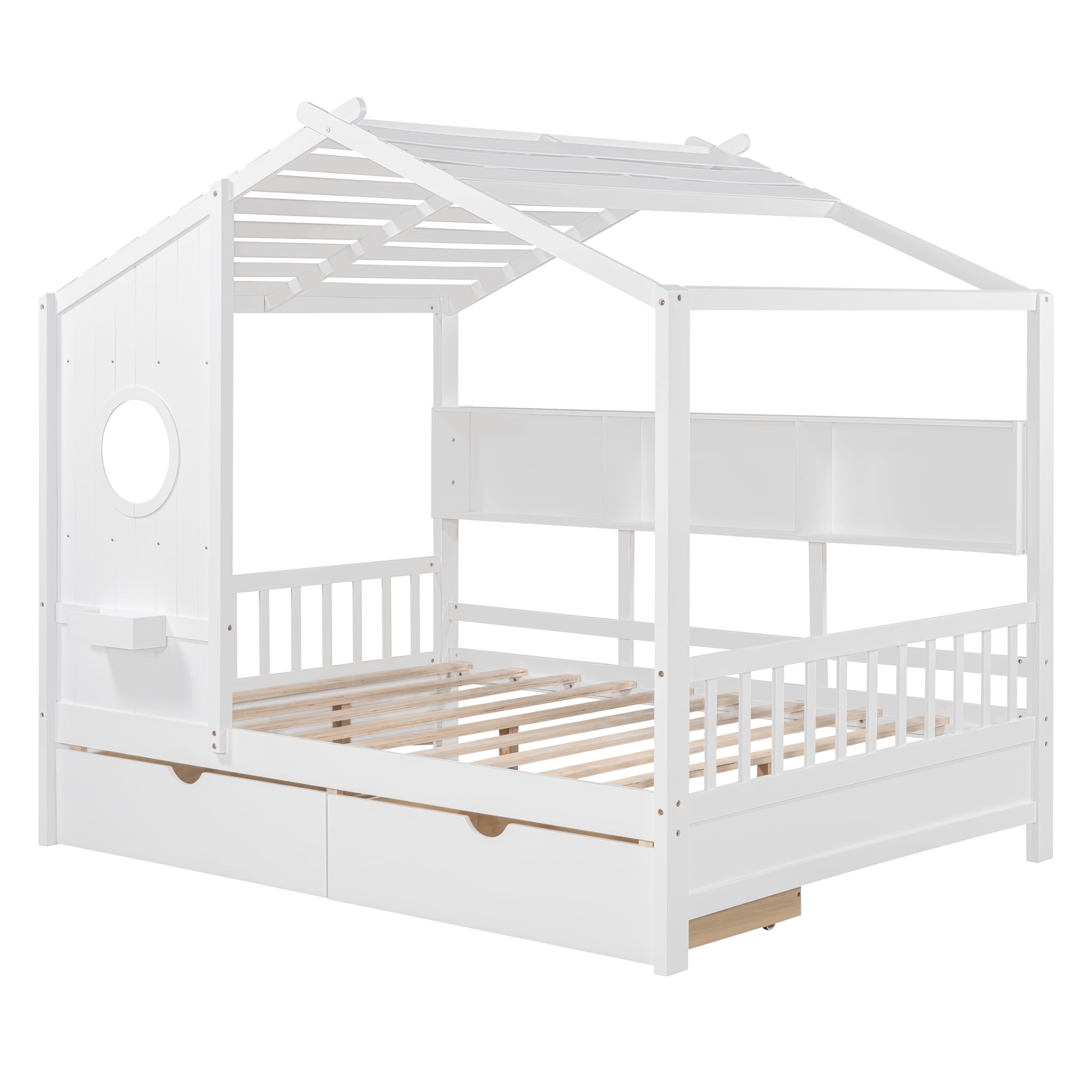 Harper & Bright Designs Full Size House Bed with Roof and Window, Wooden Daybed Frame with Shelves and 2 Drawers for Girls Boys, White