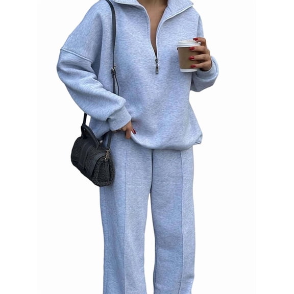 Women'S 2 Piece Outfits Casual Lapel Half Zip Sweatshirts and Wide Leg Pants Tracksuit Sets Light Gray M