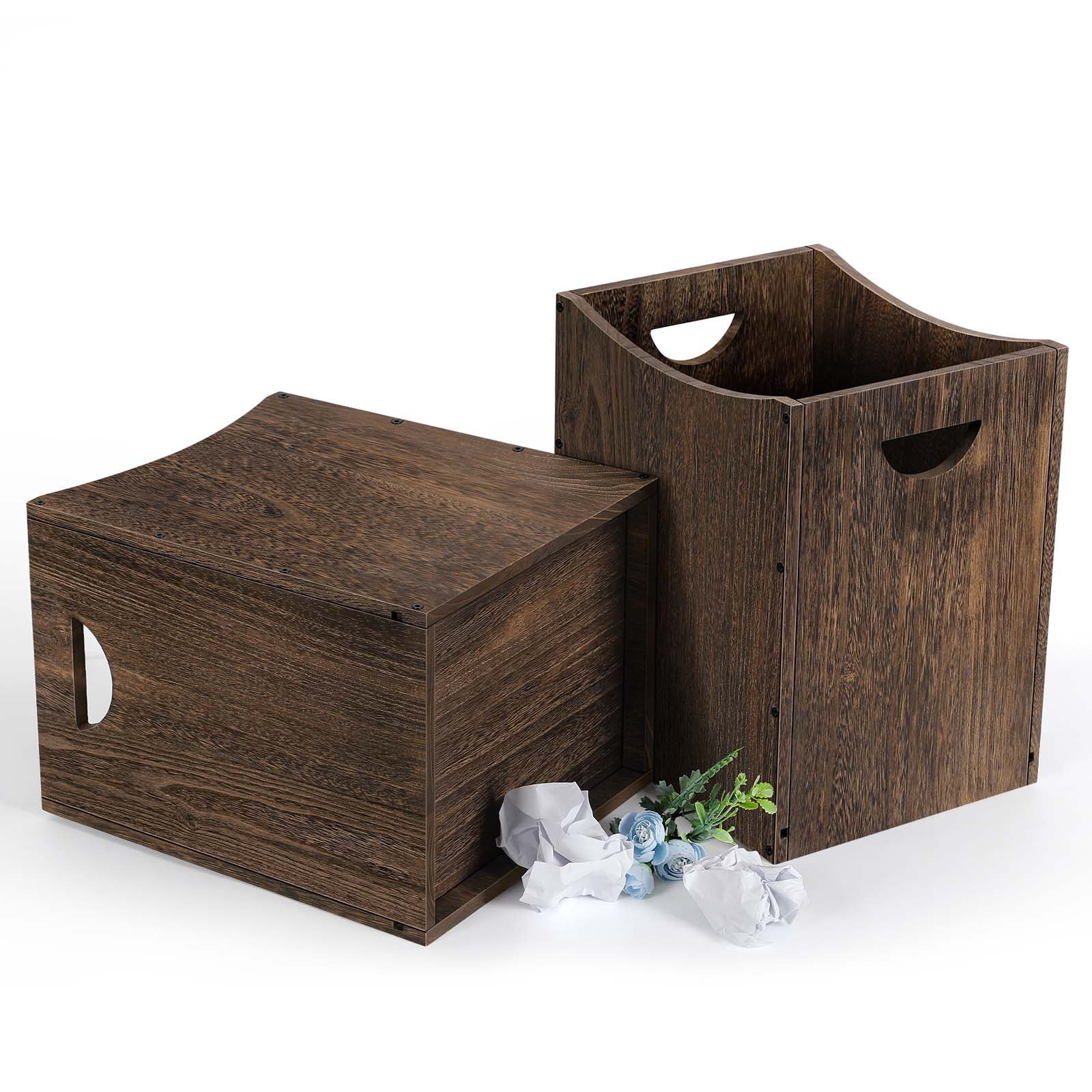 5.3 Gallon Rustic Wood Trash Can Wastebasket with Handles, Brown, Set of 2
