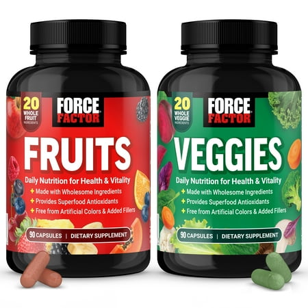 Force Factor Fruits & Veggies, Fruit & Vegetables Supplements for Adults, Whole Food Ingredients & Antioxidants, No Fillers, 2-Pack, 90 Capsules Each