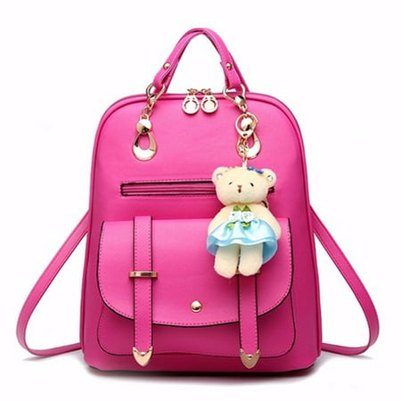 Women's Sweet Bear Bag Casual Backpack PU Leather Shoulder Bag with Bear Pendant Travel Book