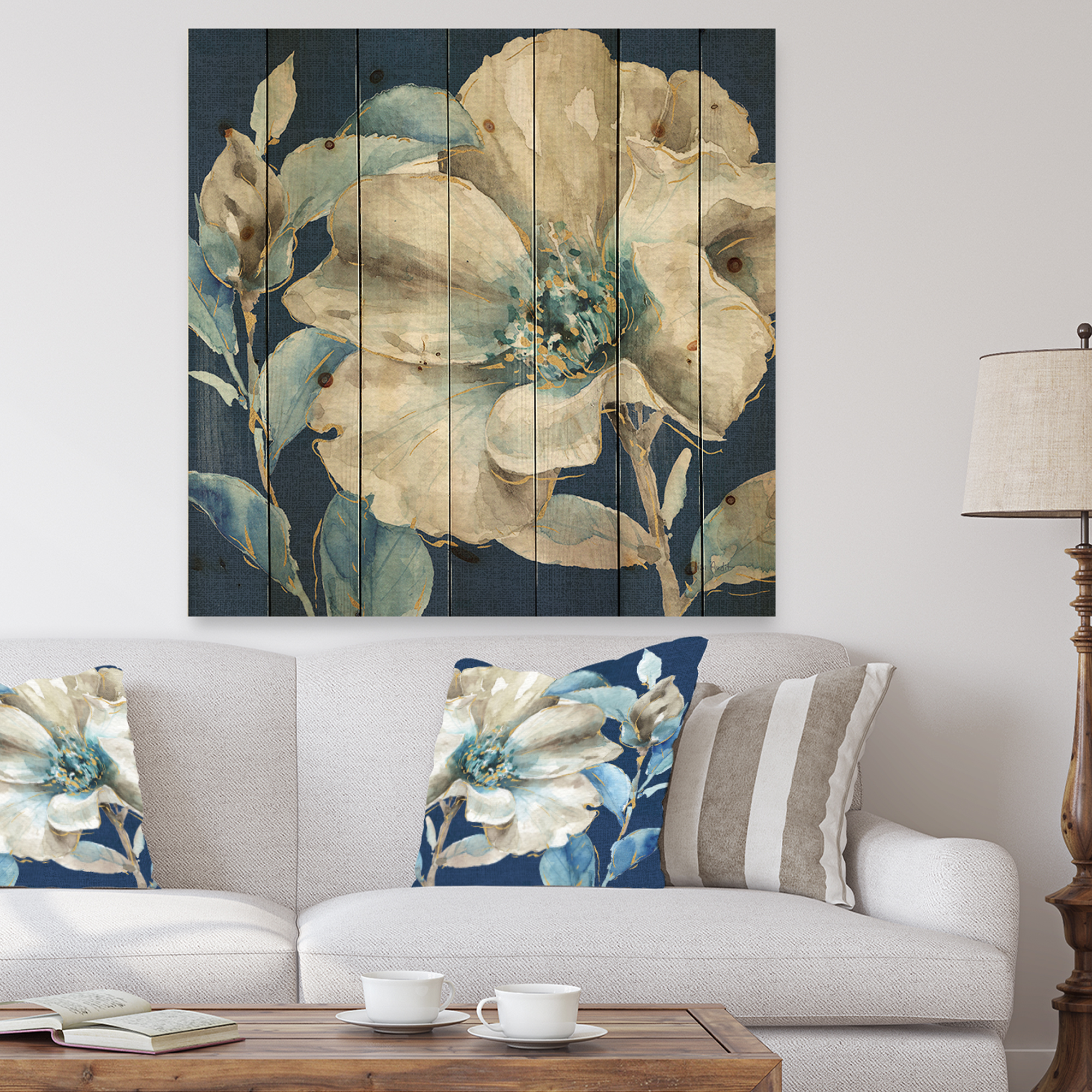Designart 'Watercolor Indigold Flower II' Farmhouse Print on Natural Pine Wood