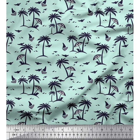 Soimoi Velvet Fabric Coconut Tree,Bird & Sailboat Beach Print Fabric by The Yard 58 Inch Wide