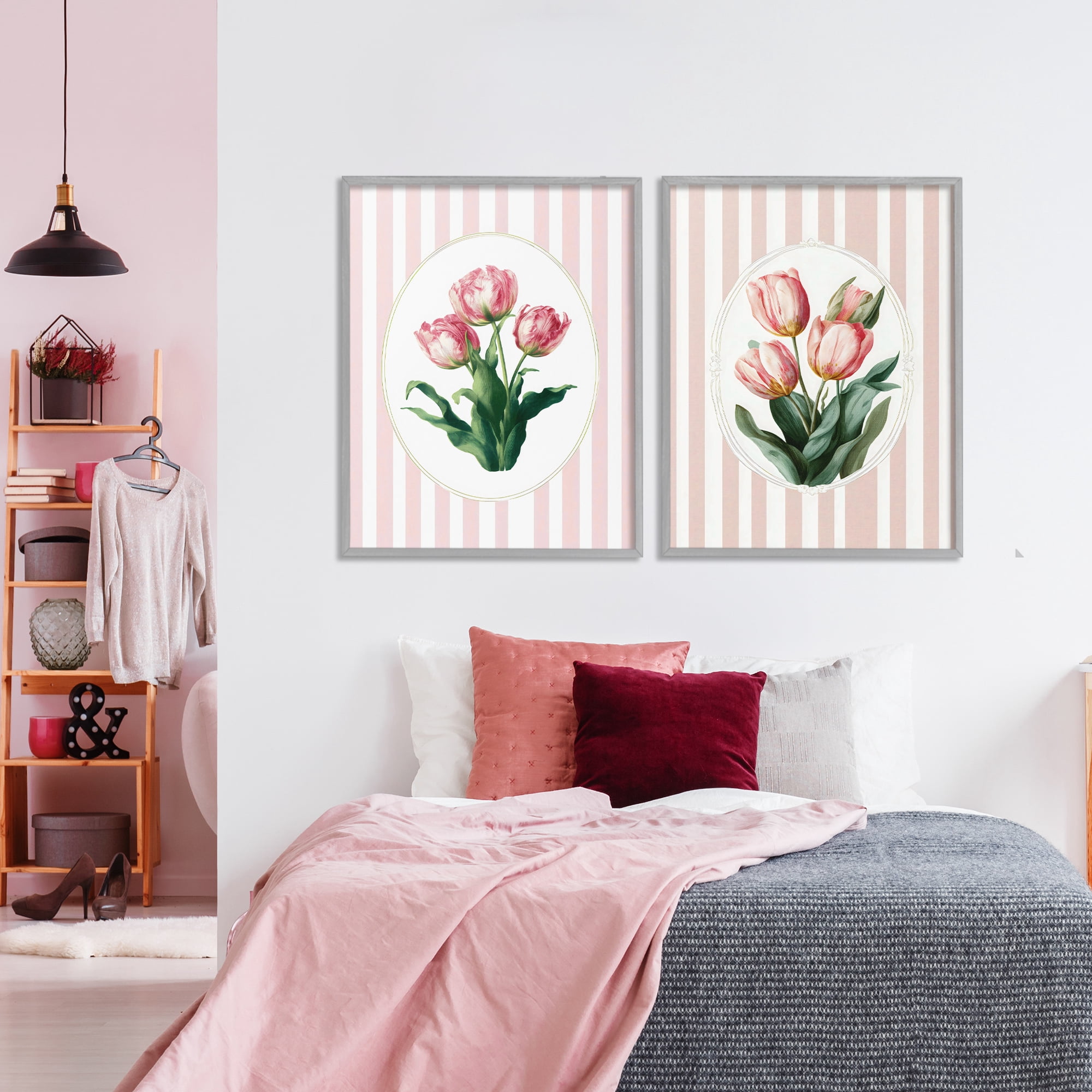 Stupell Industries Blush Tulips on Stripes 2 Piece Gray Framed Giclee Art Set, design by Ink Drop Loft
