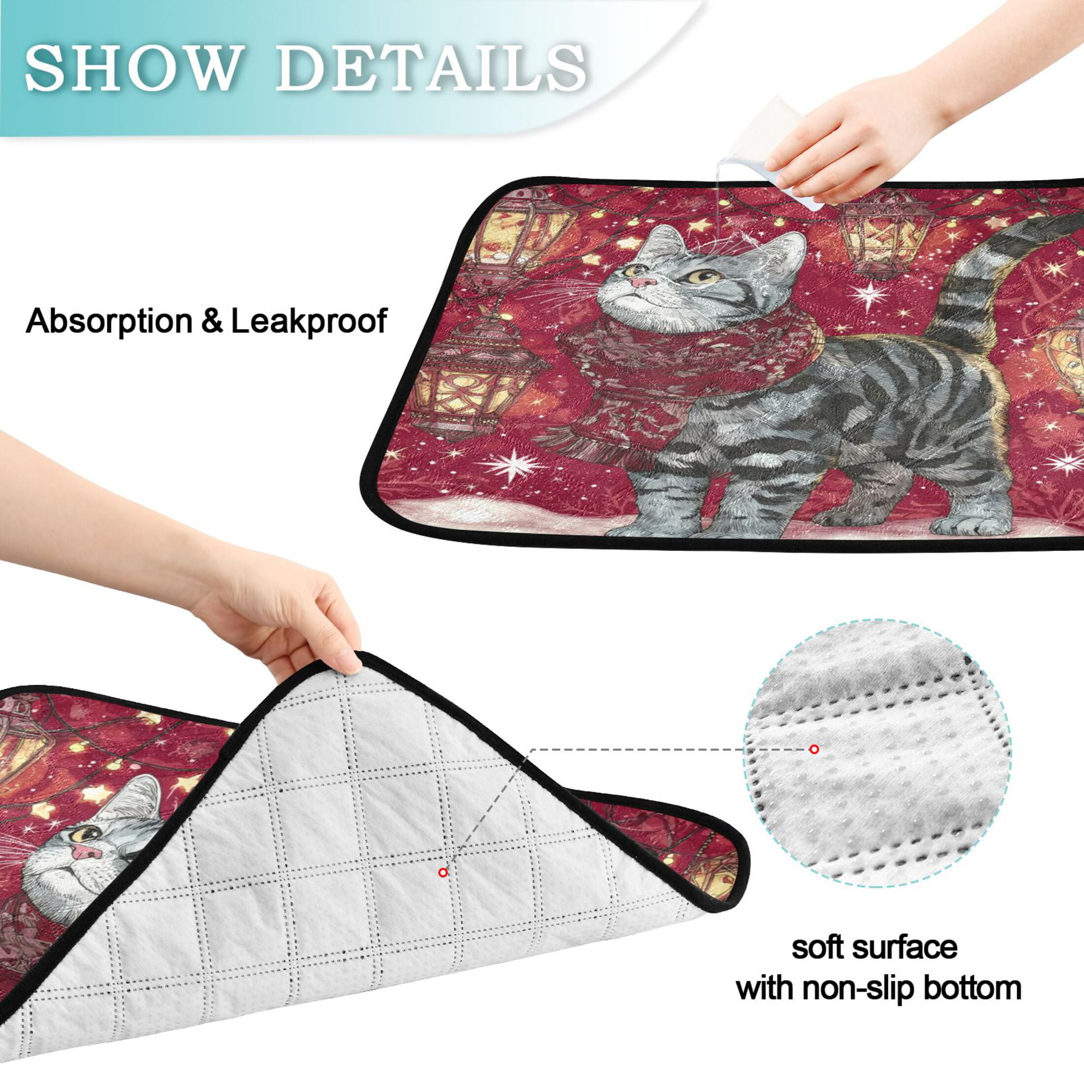 Qxltty Christmas Tabby Cat Cat litter Pads Pet Set of 2 Diaper Mats Center Anti-leakage Layer Absorbent Soft and Comfortable