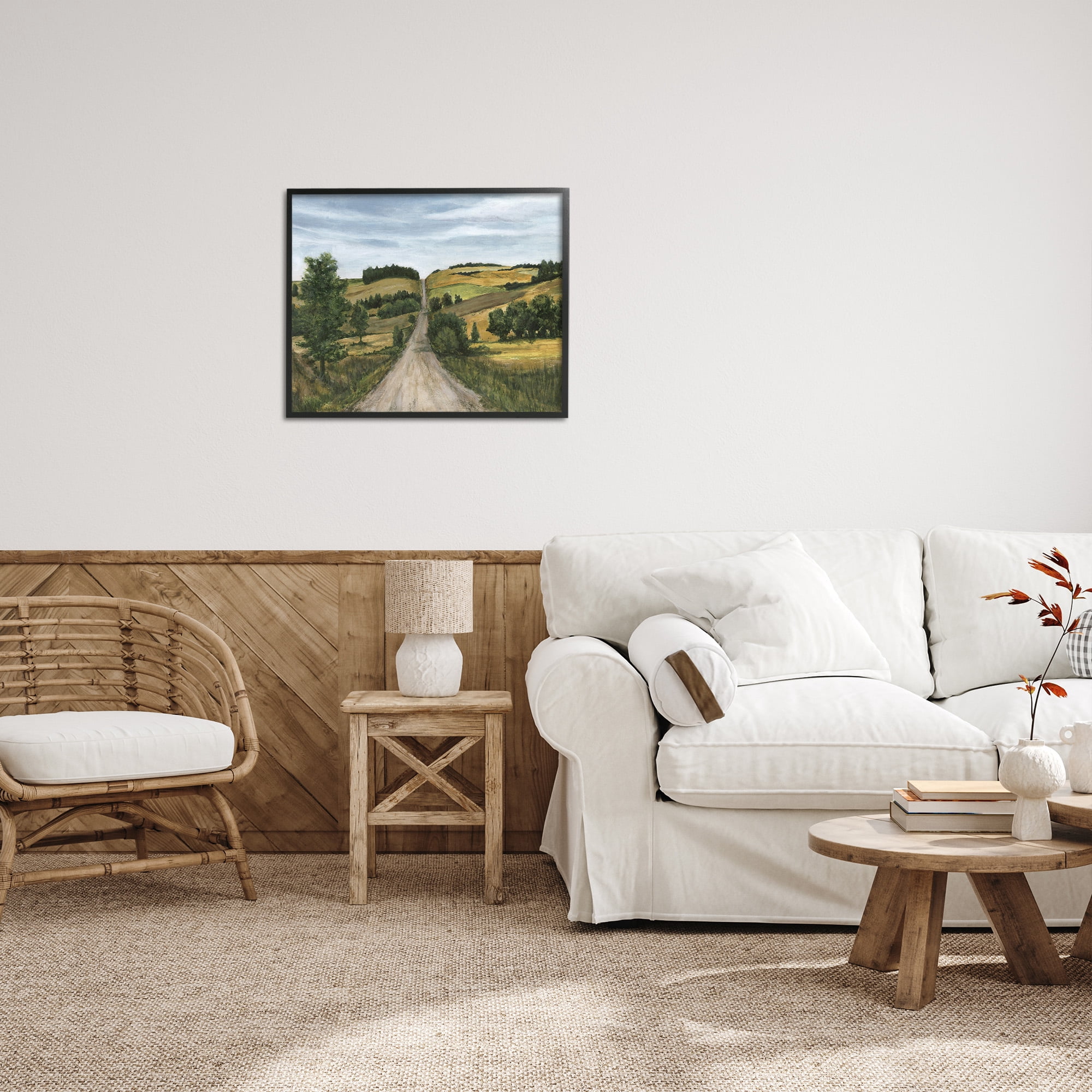 Stupell Industries Receding Country Path Landscape Painting Black Framed Art Print Wall Art, 30 x 24
