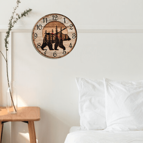 Kurmntregon Cabin Bear Wall Clock Black Bear Wildlife Forest Mountain Lodge Wooden For Kitchen Bathroom Silent Non Ticking Decorative Clock Battery Operated Home Office Living Room Decor Round 10"