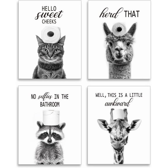 4PCS Black and White Animals Wall Prints Vintage Wall Art Posters Cat Alpaca Raccoon Giraffe Poster Prints Bathroom Artwork Aesthetic Posters