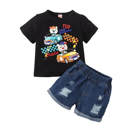

KIMI BEAR Newborn Baby Boys Outfits 3 Months Newborn Boy Summer Outfits 6 Months Newborn Boy Cartoon BEAR Driving Print Short Sleeve T-Shirt + Ripped Denim Shorts 2PCs Set Black