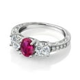 thumbnail image 3 of Gem Stone King 10K White Gold Red Created Ruby and Lab Grown Diamond Engagement Ring for Women | 1.97 Cttw | Oval 7X5MM | Gemstone July Birthstone | Size 6, 3 of 5