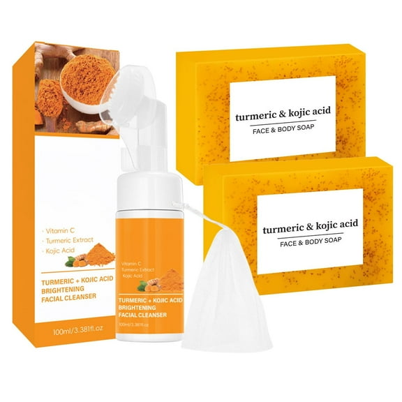 Lemon Kojic Turmeric Skincare Cleansing Set, Turmeric Cleansing Mousse, 2 Soap Turmeric Wash and Care 3 Piece Set, Gentle Makeup Remover, Deep Exfoliating For All Skin Types
