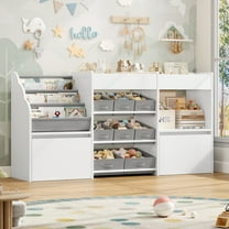 Hiphuta 62” Wide Kids Bookcase with Toy Storage Organizer, Wood Toy Organizer of 8 Fabric Boxes & 2 Removable Drawers, White