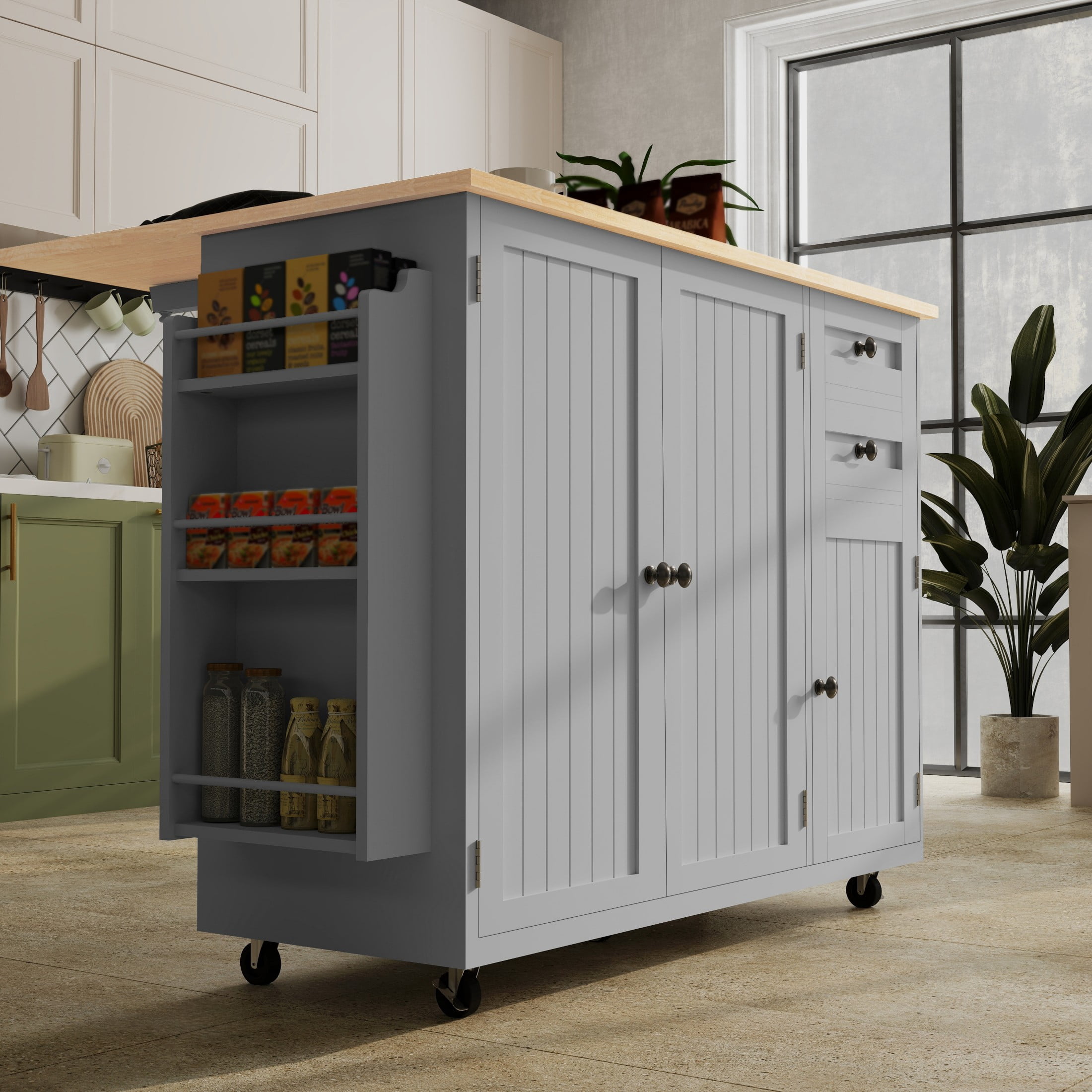 50.4" Kitchen Island with Storage,  Expandable Solid Wood Top Cart with Drop Leaf and Wheels, Grey