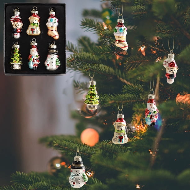 Juego de adornos navideños de cristal con diseño de muñeco de nieve y árbol para decorar el hogar en las fiestas.