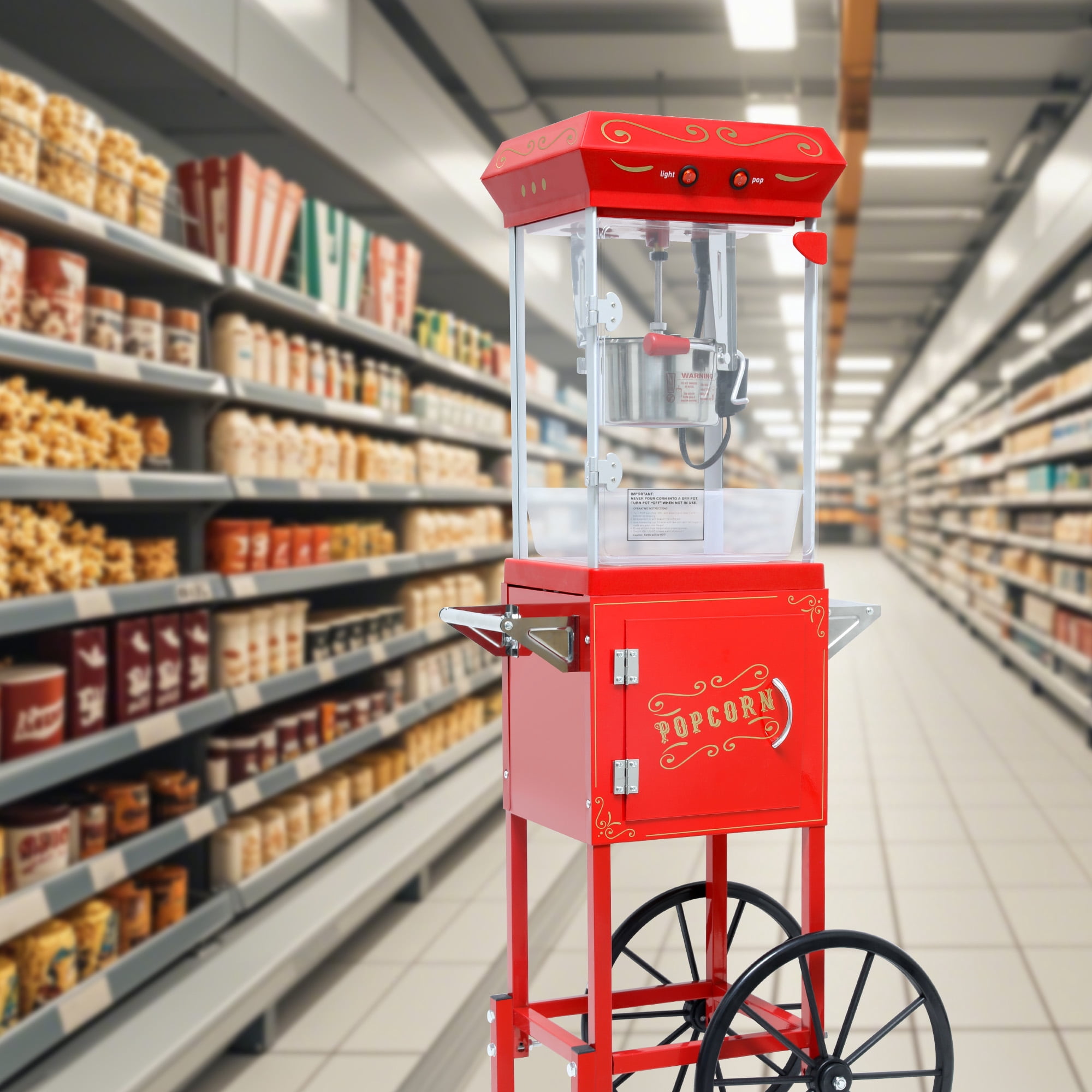 Popcorn Machine with Cart, with Wheels & 6 Oz Pot Popcorn maker Equipped with Popcorn Scoops & Tools, Mobile Cart with Lockers for Commercial Home Movie Theater Vintage Style (Red)