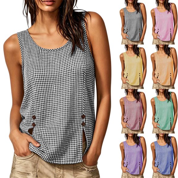 VBVC Women's Gingham Side Slit Tank Top, Ladies' Sleeveless Blouse, Casual Button Detail Shirt For Women,Black,S-3XL