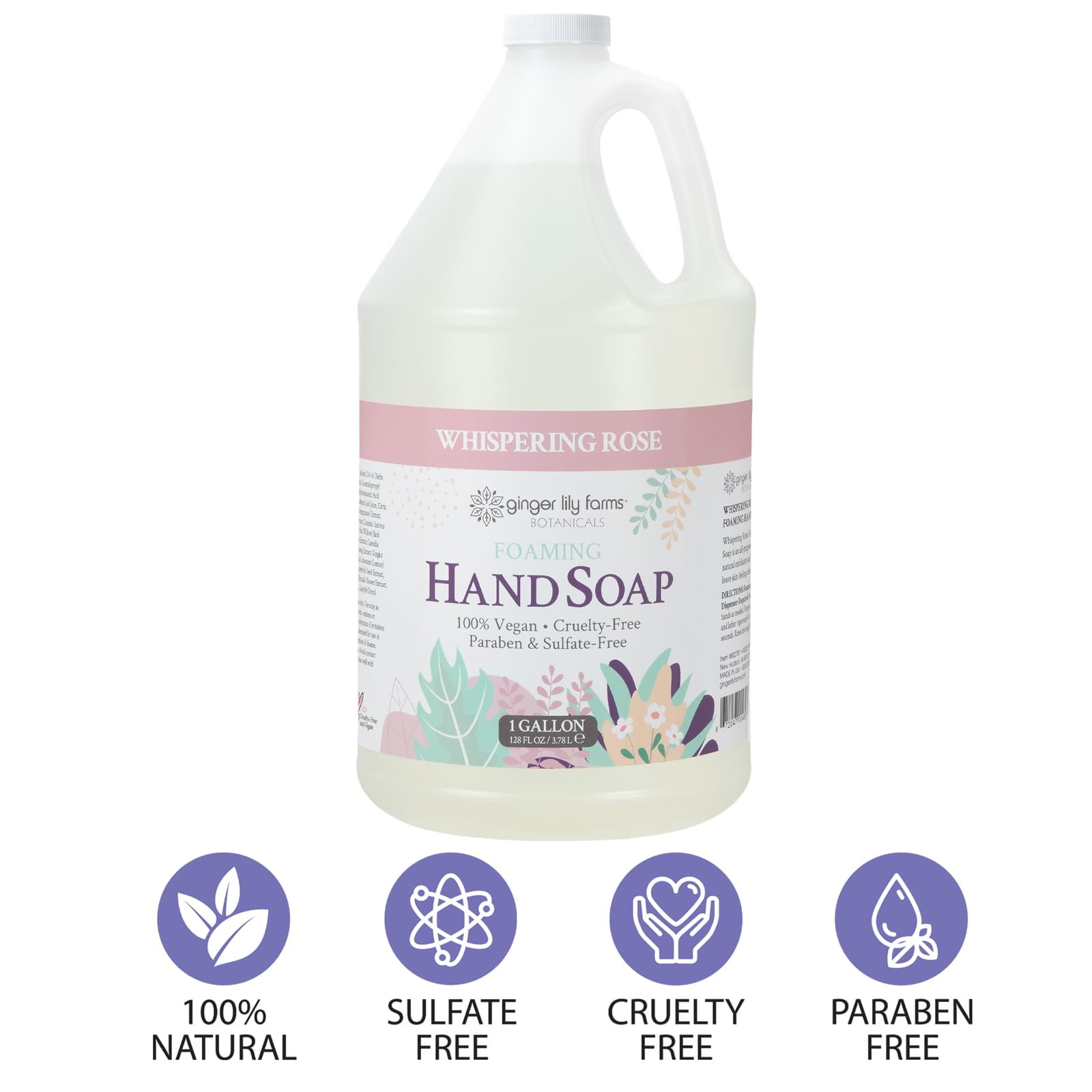 Ginger Lily Farms Botanicals All-Purpose Foaming Hand Soap Refill, 100% Vegan & Cruelty-Free, Whispering Rose Scent, 1 Gallon (128 fl oz)