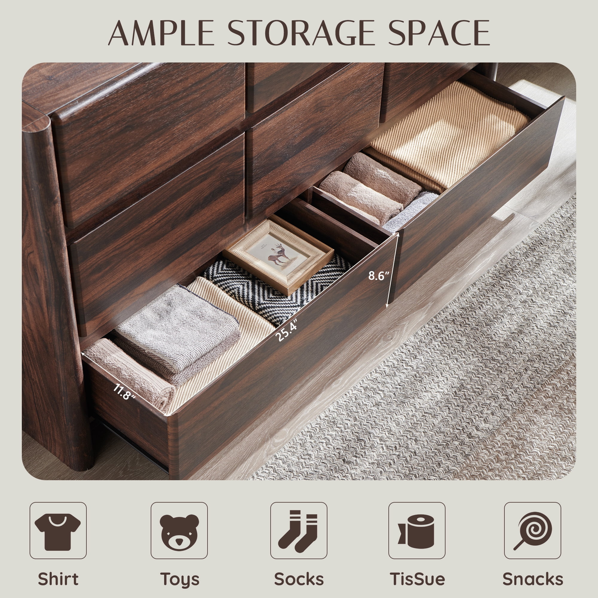 wow97e Modern 8 Drawers Dresser for Bedroom, 55" Wide Wood Chest of Drawers w/Rounded Corner & Handless Design for Living Room, Brown