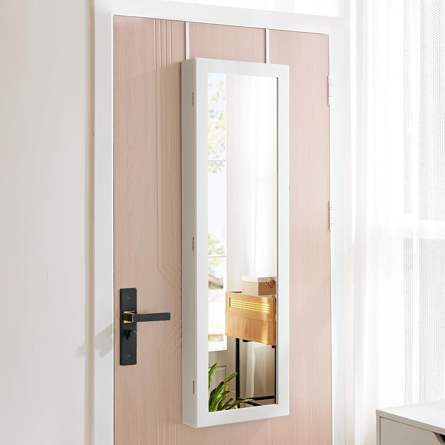 6 LEDs Full Length Mirror with Storage, 47.2'' Jewelry Armoire with Mirror, Lockable Jewelry Storage for Wall or Door Mounted