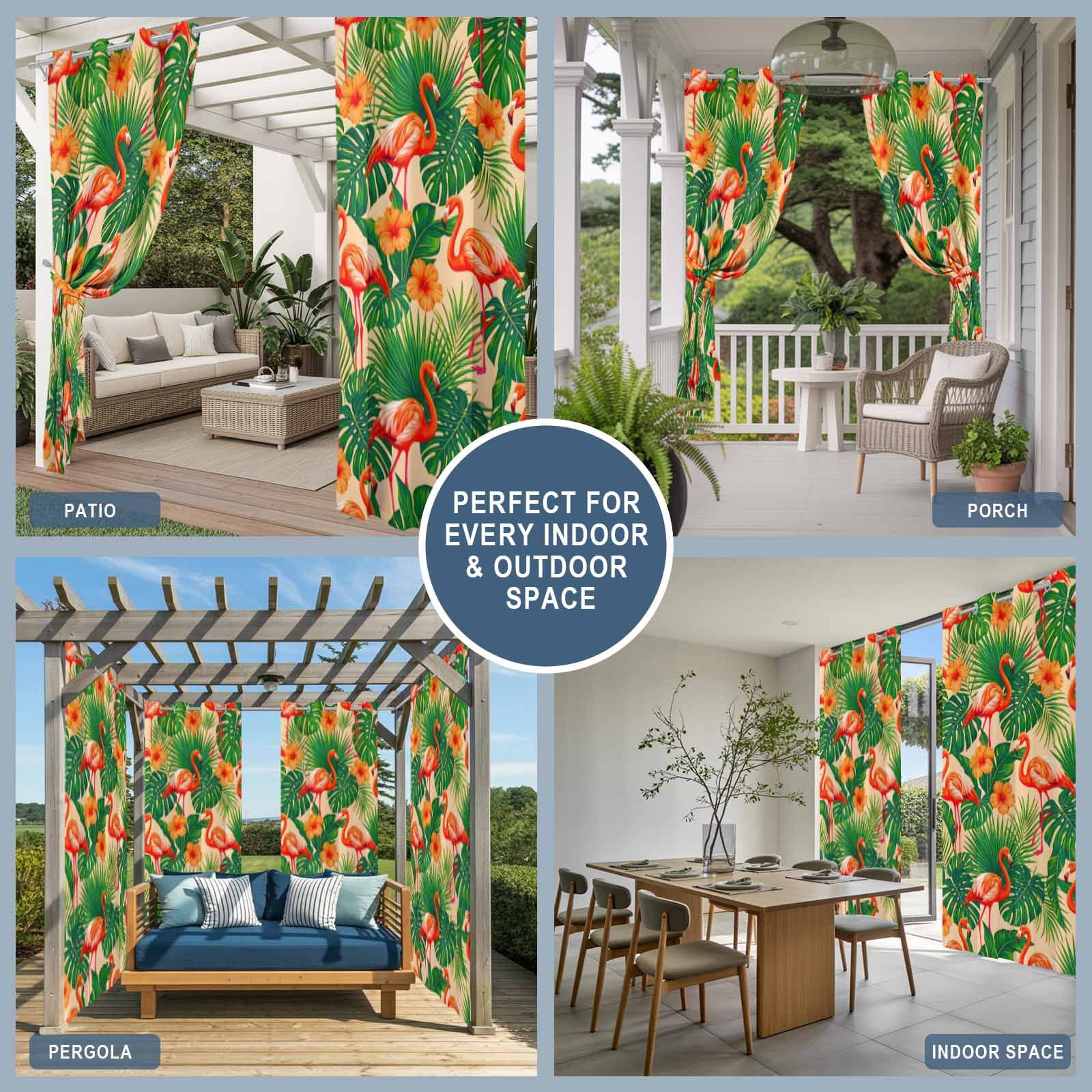 Red Flamingos Outdoor Curtains for Patio, Jungle Plants Hibiscus Flower Green Leaf Botanical Sunshade Privacy Drapes Grommet Waterproof Outside Curtains for Porch/Cabana/Balcony 54"x 108", 1 Panel