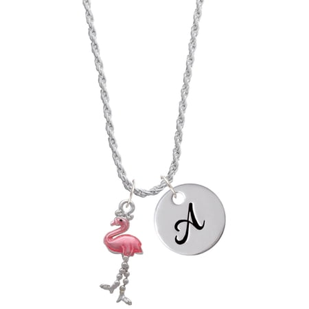 Delight Jewelry Silvertone Flamingo with Dangle Legs Silvertone Script Initial Disc - A - Charm Necklace, 20"+3"