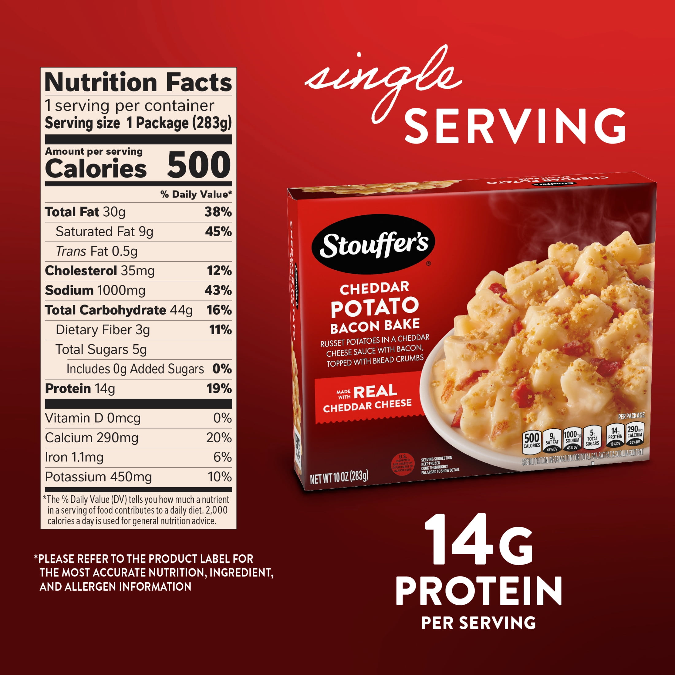 Stouffer’s Cheddar Potato Bacon Bake, Single Serve Frozen Meals, Frozen Dinner, 10 oz (frozen)