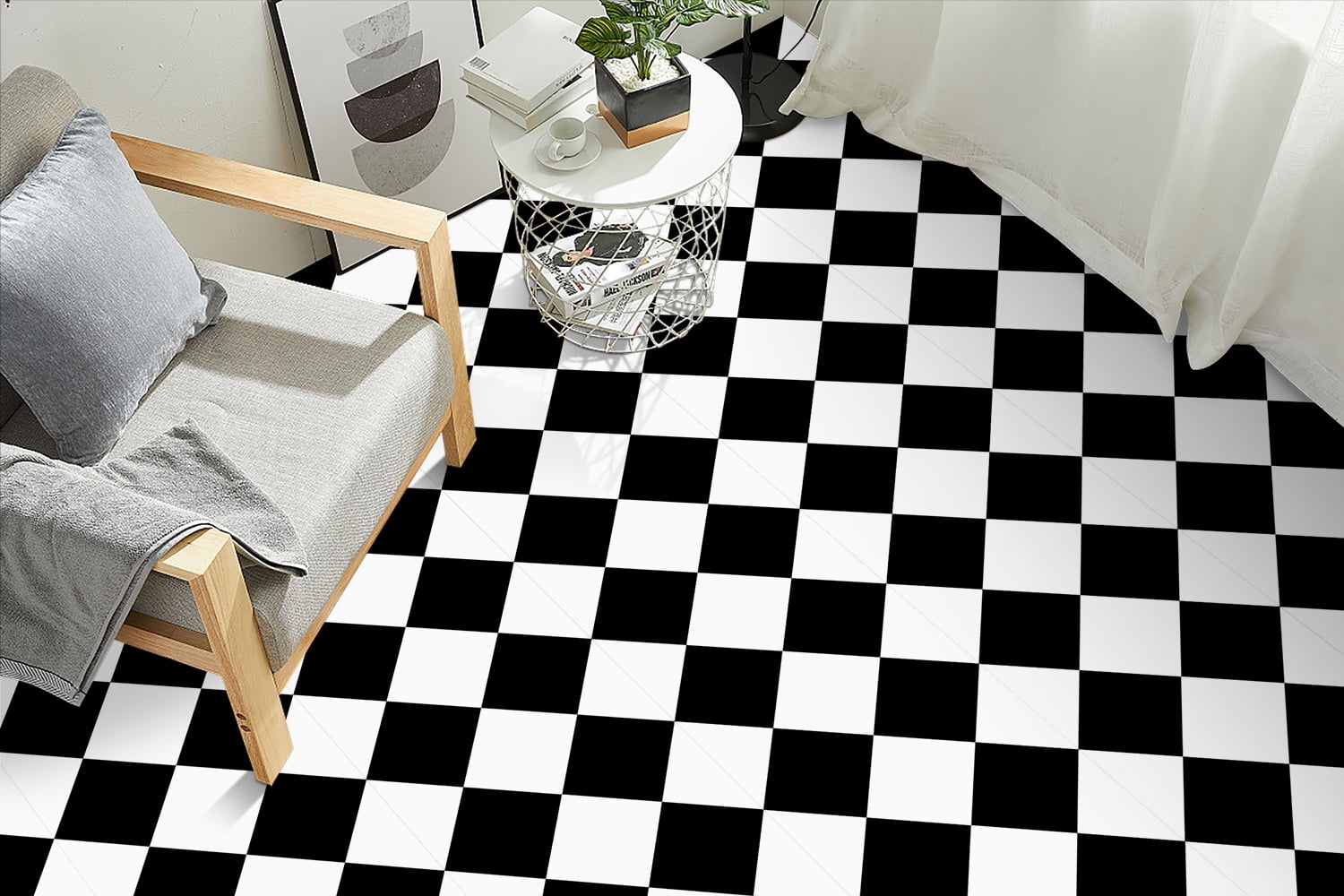 DEWOO 12" x 12" Peel and Stick Floor Tile, 10 PCS Self-Adhesive DIY Vinyl Flooring for Renters, Removable and Waterproof Tile Sticker for Bathroom, Kitchen, Staircase (Black White Grid)