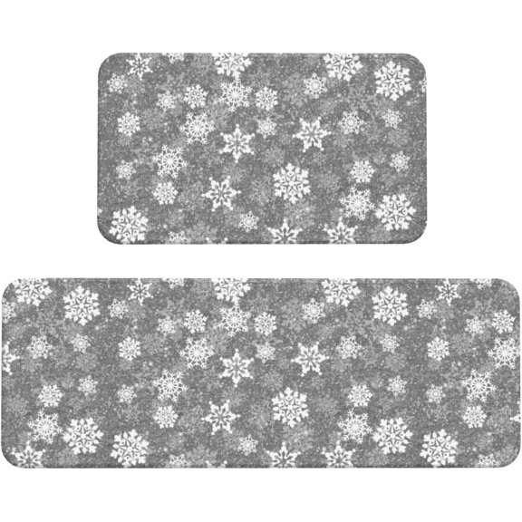 White Snowflakes Gray Christmas Kitchen Mats Set of 2, Home Decor Kitchen Rugs for Floor - 17x29 and 17x47 Inch