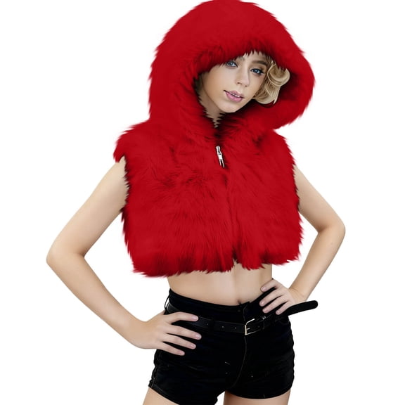 Uootdi Womens Cropped Y2k Vest Fuzzy Fleece Turn Down Collar Zipper Vest Warm Winter Sleeveless Jacket
