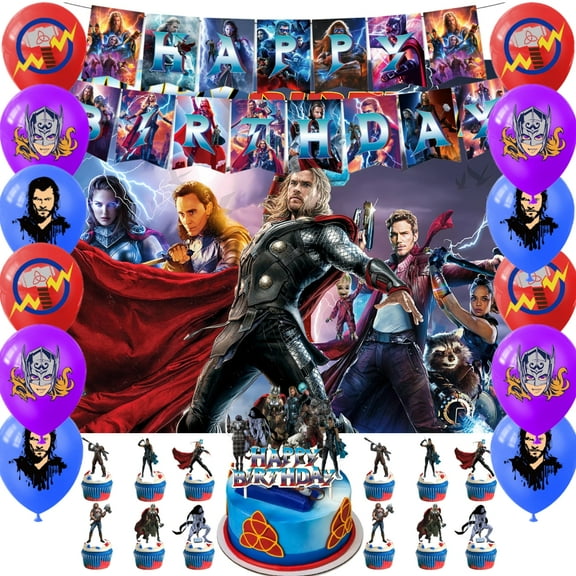 Birthday Party Supplies Set with Thor Themed, Including Happy Birthday Banners,Background Flag,Cupcake Toppers, Balloons, Party Decor Set.