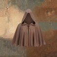 thumbnail image 4 of OOOUM Unisex Short Hooded Cape Crinkle Woven Textured Cloak Front Leather Lace-Up Closure Jagged Pointed Hem Loose Open Front Poncho Brown One Size, 4 of 4